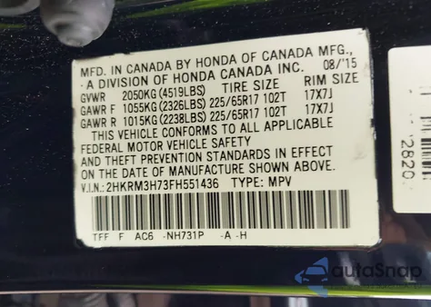 2015 Honda Cr-V Ex-L z USA, uszkodzony, nr VIN 2HKRM3H73FH551436